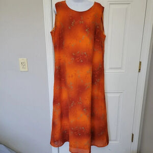 Imagio Orange Sleeveless Dress Bronze Floral Design Side Zip Lined Size 14